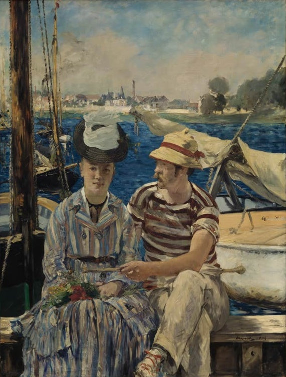 Édouard Manet Sonntag an der Seine bei Argenteuil Kunstkopie, Paar mit Strohhut auf Steg vor blauem Fluss und Segelbooten
