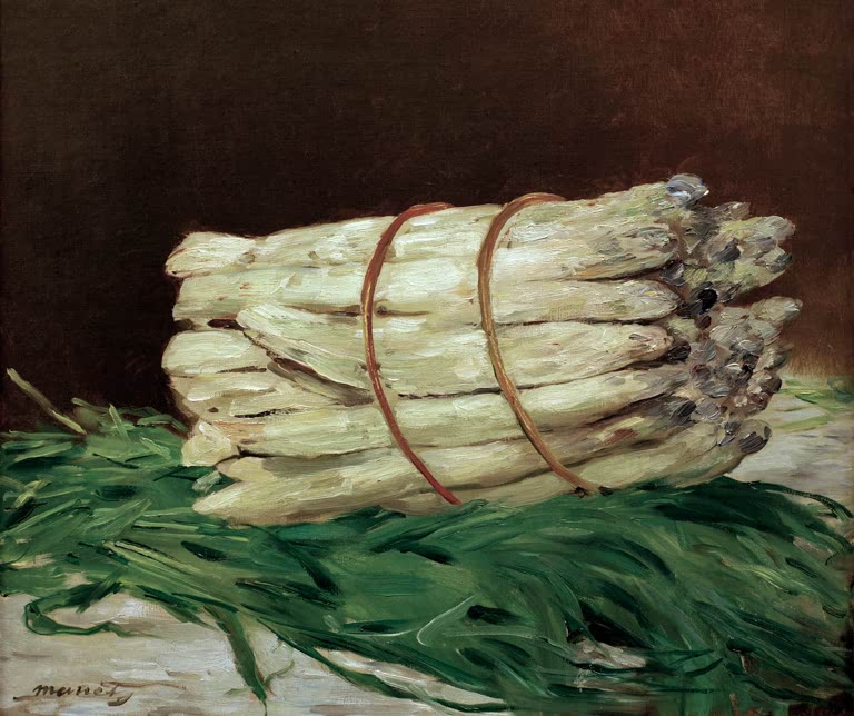 Édouard Manet Spargelbündel Kunstkopie, ein mit roten Bändern geschnürtes Bündel weißer Spargel auf grünem Kraut
