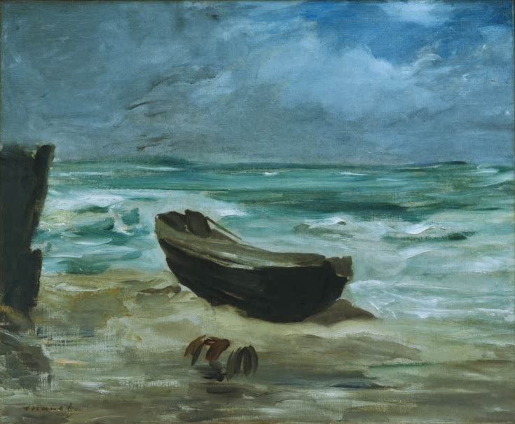Édouard Manet Steigende Flut Kunstkopie, dunkles Ruderboot am Strand in schäumender Gischt bei bewölktem Himmel