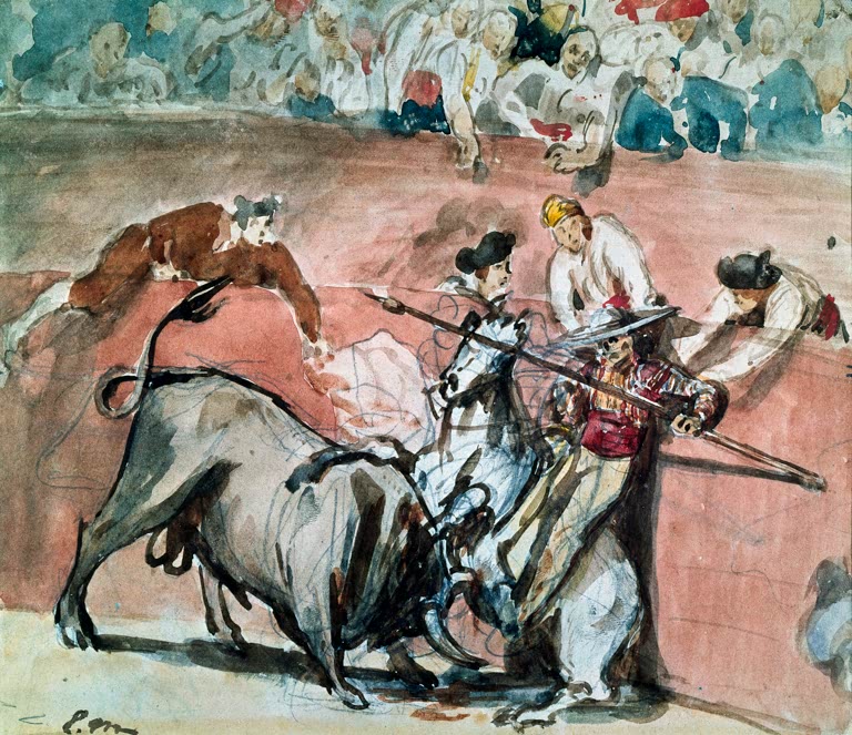 Édouard Manet Stierkampf Kunstkopie, Stier und Pikador zu Pferd vor roter Arenawand mit Zuschauern auf den Rängen