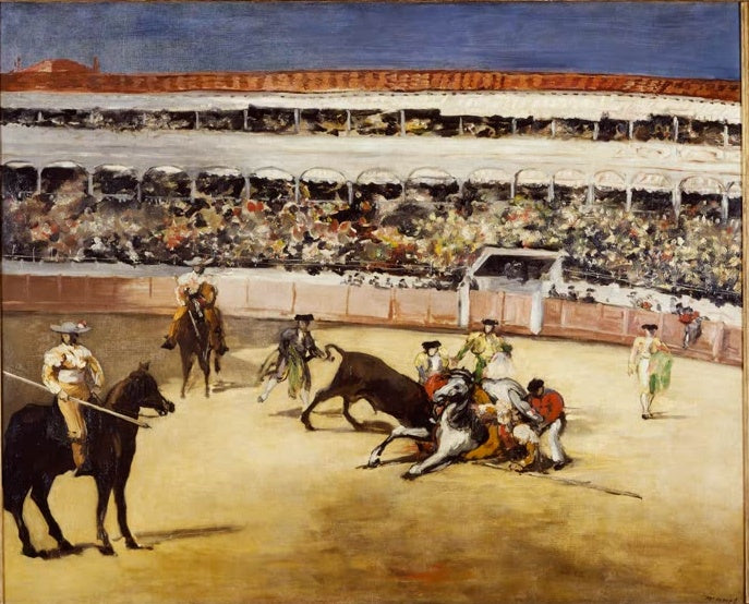 Édouard Manet Stierkampf Kunstkopie, Arena mit Stier, gestürztem Pferd und Torero unter blauem Himmel vor Zuschauerrängen