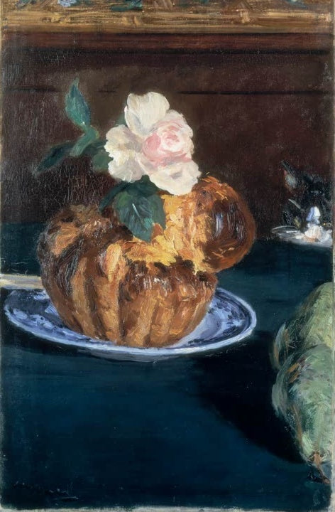 Édouard Manet Stillleben mit Brioche und Rose Kunstkopie, goldbraune Brioche mit rosa Rose auf blau-weißem Teller