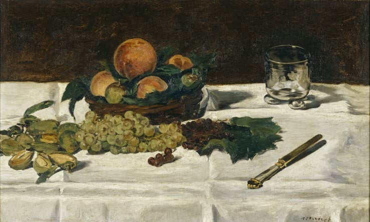 Édouard Manet Stillleben mit Früchten auf einem Tisch Kunstkopie, Pfirsichkorb, Trauben, Glas und Messer auf weißem Tuch
