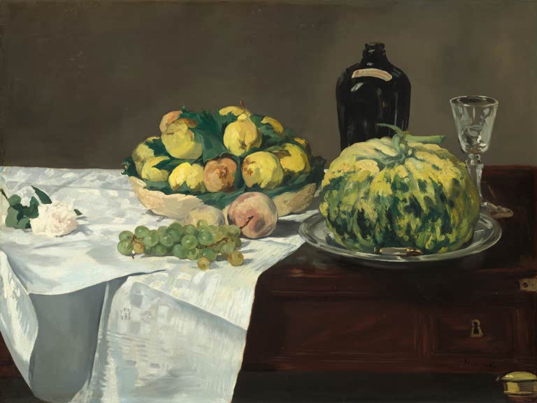 Édouard Manet Stillleben mit Melone und Pfirsichen Kunstkopie, Früchte, Trauben, Flasche und Glas auf weißem Tuch