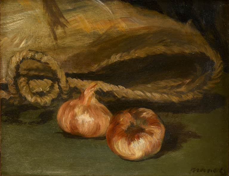 Édouard Manet Stillleben mit Tasche und Knoblauch Kunstkopie, zwei Knollen vor einer geflochtenen Tasche