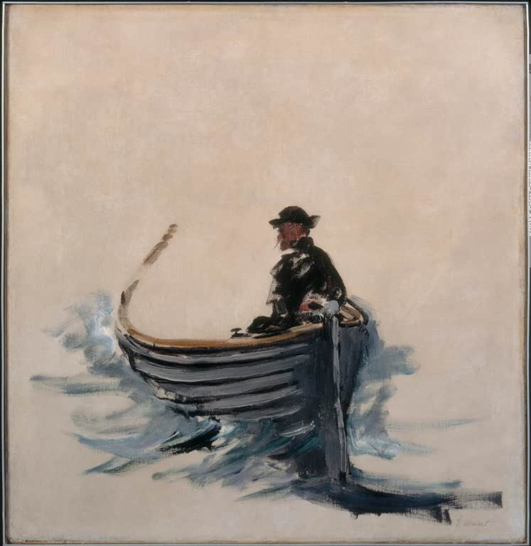 Édouard Manet Studie zu der Flucht Rocheforts Kunstkopie, Mann in dunkler Kleidung sitzt in einem Boot auf hellem Grund