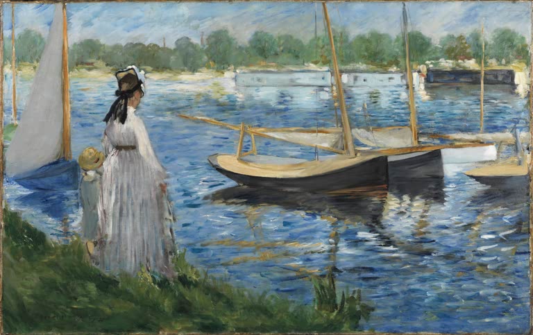 Édouard Manet Ufer der Seine bei Argenteuil Kunstkopie, Frau mit Kind am Ufer vor glitzerndem Wasser und Segelbooten