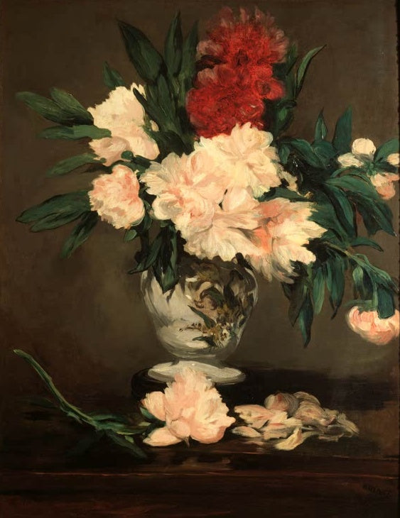 Édouard Manet Vase mit Pfingstrosen auf einem Piedestal Kunstkopie, rosa und rote Blüten in einer Vase vor braunem Grund