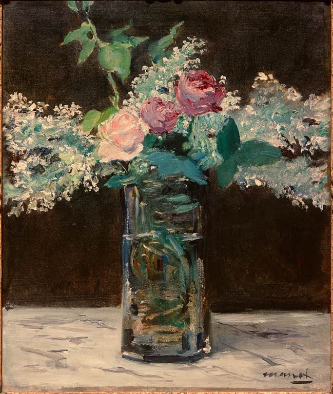 Édouard Manet Vase mit weißem Flieder und Rosen Kunstkopie, helle Blütenrispen und rosa Rosen in Glasvase