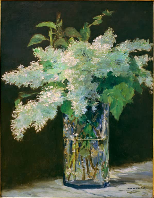 Édouard Manet Vase mit weißem Flieder Kunstkopie, helle Fliederdolden in einem Glasgefäß vor dunklem Hintergrund