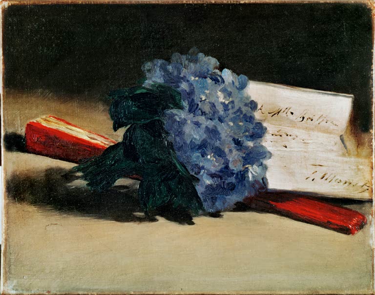 Édouard Manet Veilchenstrauß mit Fächer Kunstkopie, blauer Veilchenstrauß mit rotem Fächer und beschriebenem Briefbogen
