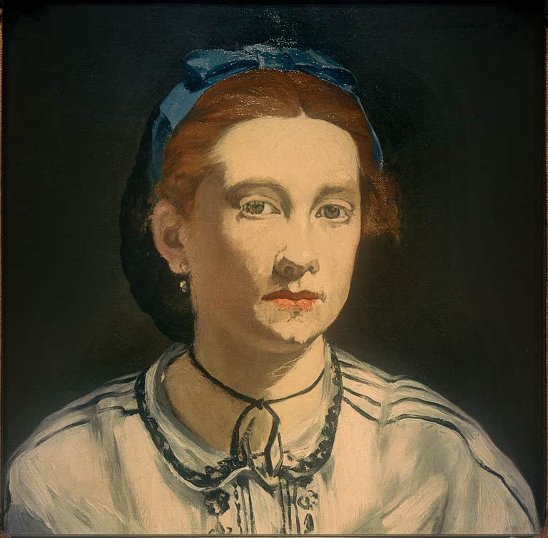 Édouard Manet Victorine Meurent Kunstkopie, junge Frau mit blauer Haarschleife und Ohrring vor dunklem Hintergrund