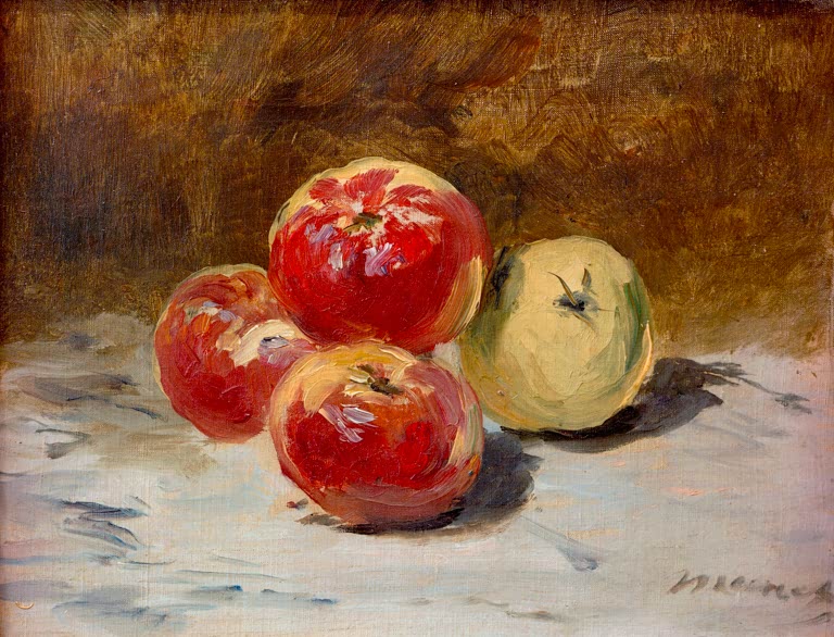 Édouard Manet Vier Äpfel Kunstkopie, drei rote Äpfel und ein grüngelber Apfel auf einem hellen Tuch vor braunem Grund