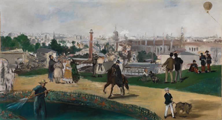 Édouard Manet Von der Weltausstellung in Paris 1867 Kunstkopie, Menschen, Reiterin und Ballon über dem Ausstellungsgelände