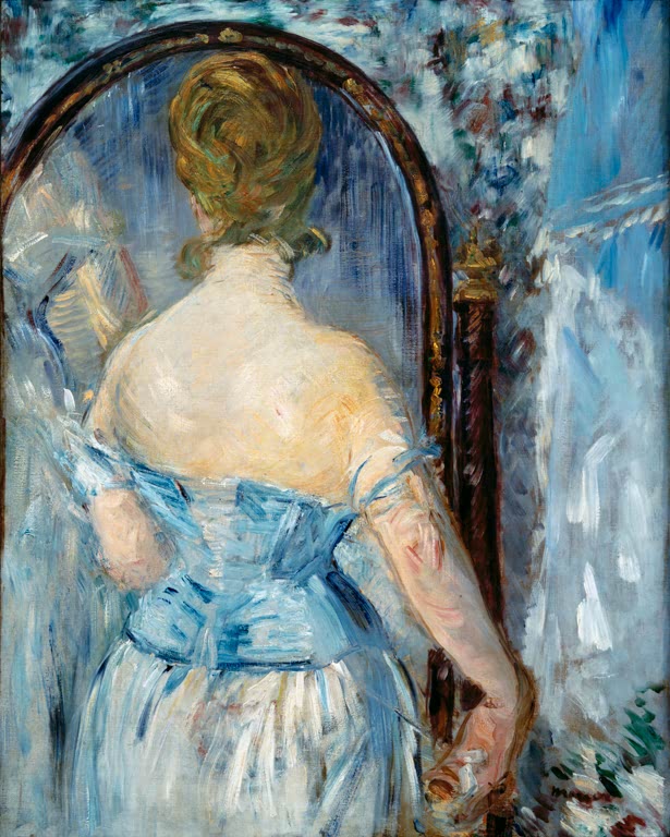 Édouard Manet Vor dem Spiegel Kunstkopie, Frau von hinten im hellblauen Kleid vor einem ovalen Standspiegel