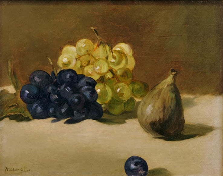 Édouard Manet Weintrauben und Feige Kunstkopie, blaue und grüne Trauben neben einer Feige auf hellem Tuch