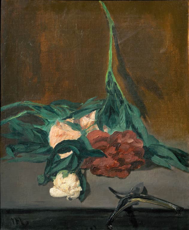 Édouard Manet Weißer Pfingstrosenzweig mit Gartenschere Kunstkopie, Pfingstrosen und Schere auf Tischkante vor braunem Grund