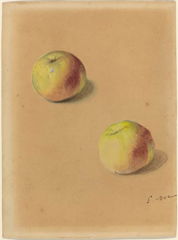 Édouard Manet Zwei Äpfel Kunstkopie, zwei gelbgrüne Äpfel mit roten Wangen auf ockerfarbenem Papier mit Monogramm