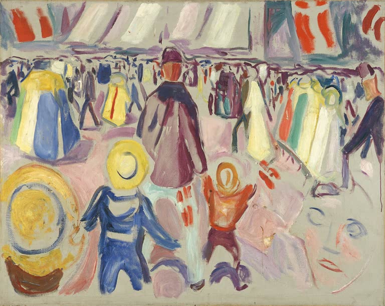 Festliche Menschenmenge mit Fahnen und Kindern im Vordergrund – Edvard Munch 17. Mai in einer kleinen Stadt Kunstkopie