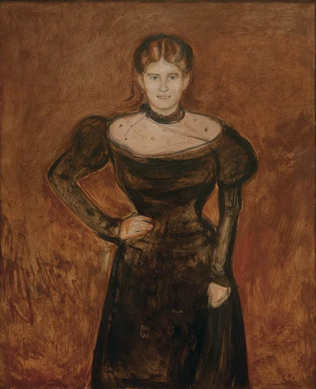 Edvard Munch Aase Nørregaard Kunstkopie, Porträt einer Frau mit Händen in der Hüfte vor braunem Grund