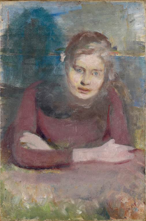 Junges Mädchen mit verschränkten Armen in rotbraunem Kleid am Tisch – Edvard Munch Aasta Carlsen Kunstkopie