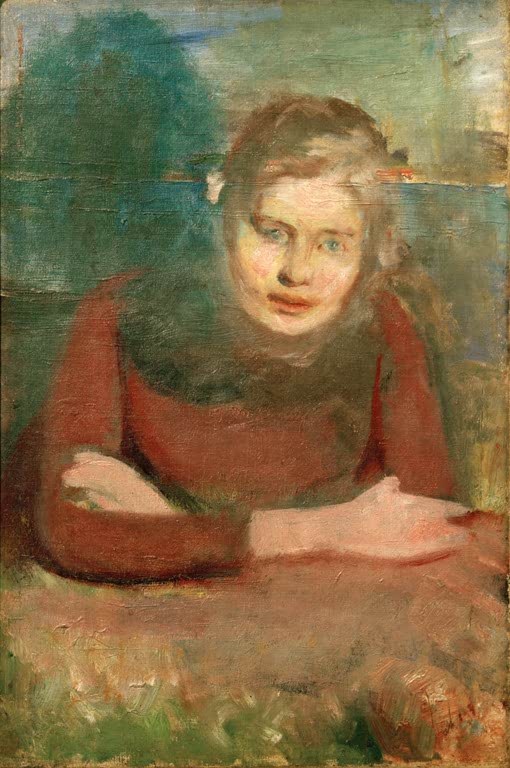 Junge Frau mit rotem Oberteil stützt die verschränkten Arme auf und blickt nach vorn – Edvard Munch Aasta Carlsen Kunstkopie