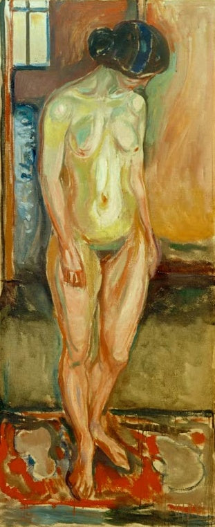 Edvard Munch Abend I Kunstkopie, stehender weiblicher Akt mit dunklem Haar vor Fenster auf rotem Teppich