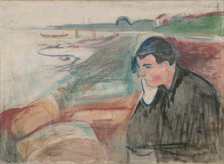 Mann stützt den Kopf in die Hand, im Hintergrund ein ruhiger Strand mit Booten – Edvard Munch Abend. Melancholie Kunstkopie