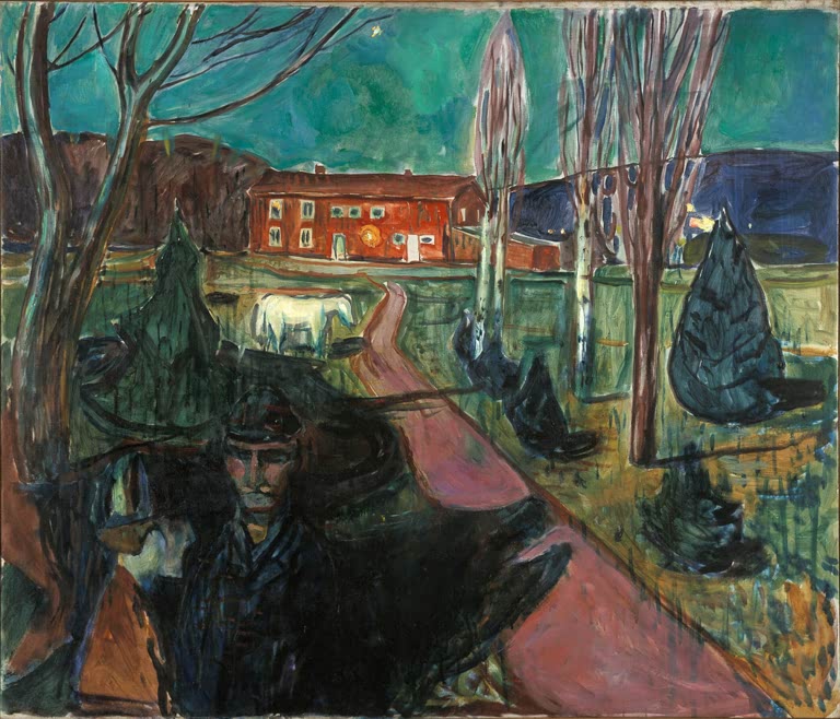 Roter Gutshof im Abendlicht, davor Weg und Wiese mit dunkler Gestalt und Kuh – Edvard Munch Abendstimmung Kunstkopie