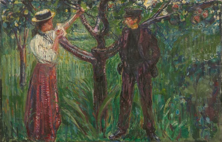 Edvard Munch Adam und Eva Kunstkopie, Paar in zeitgenössischer Kleidung unter einem Apfelbaum im Garten