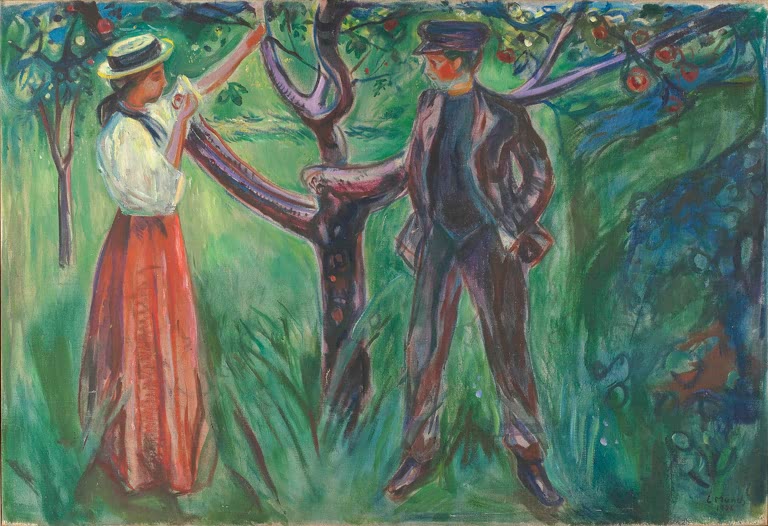 Frau mit Strohhut und Mann mit Mütze pflücken Äpfel im grünen Garten – Edvard Munch Adam und Eva Kunstkopie