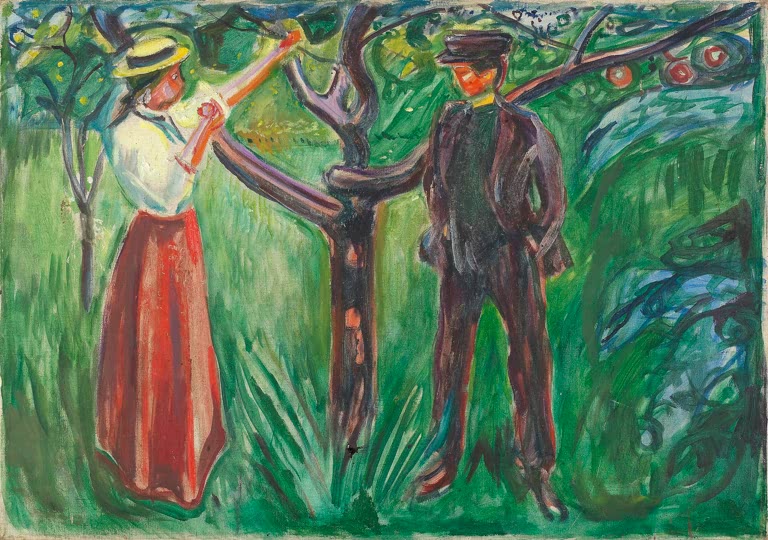 Frau und Mann stehen im grünen Garten an einem Apfelbaum – Edvard Munch Adam und Eva Kunstkopie