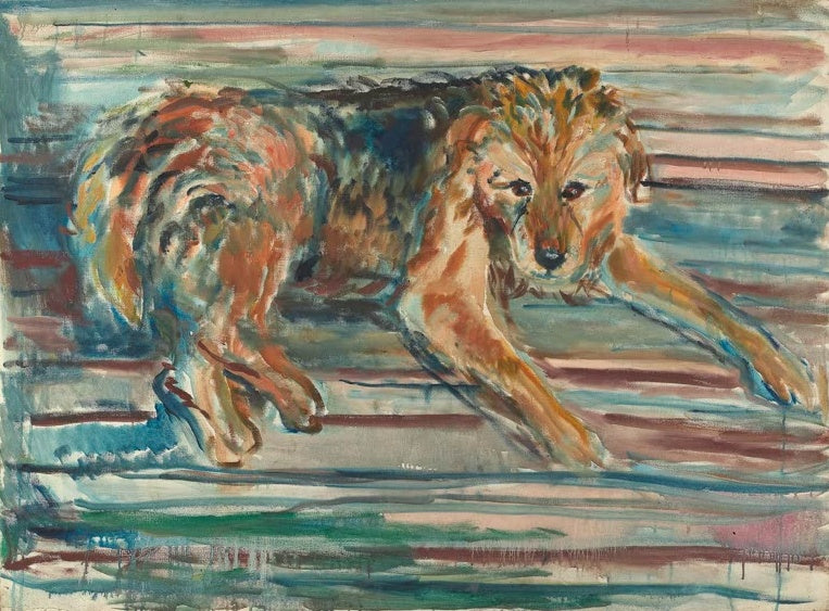 Edvard Munch Airedale Terrier Kunstkopie, springender Hund mit rotbraunem Fell vor gestreiftem Hintergrund in Blau und Rosa