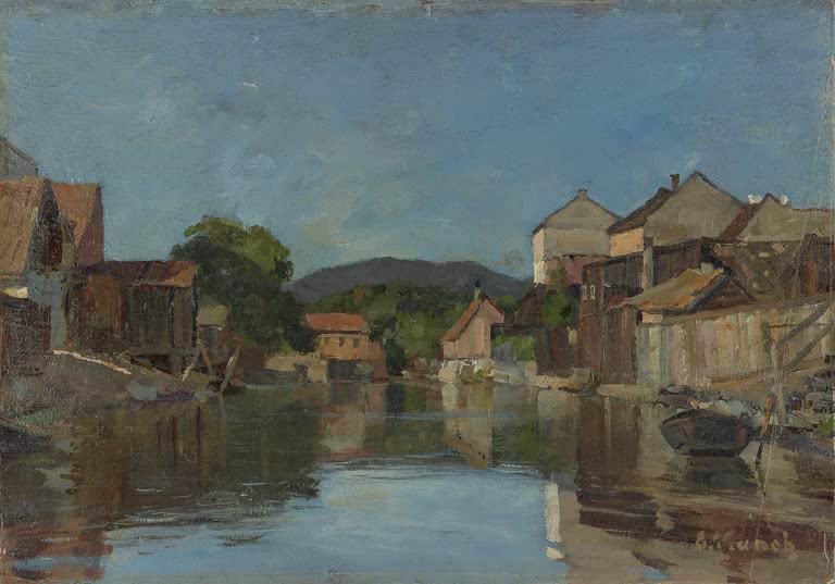 Flusslauf mit Holzhäusern am Ufer und Spiegelungen im Wasser – Edvard Munch Akerselva bei Slåmotgangen Kunstkopie