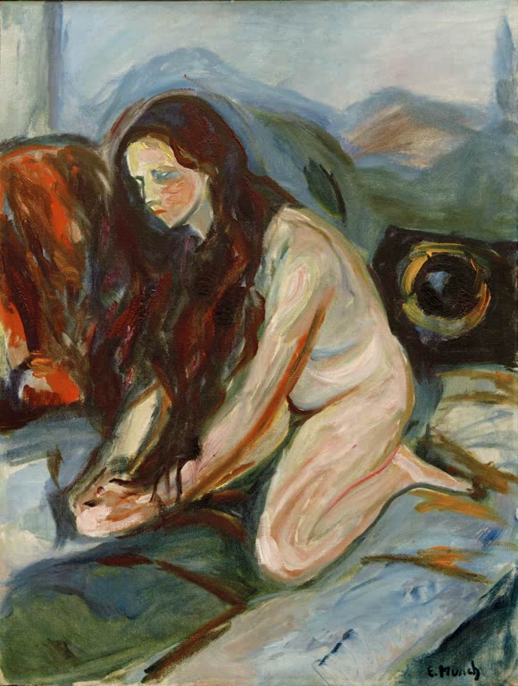 Nackte Frau kniet auf einem Bett, ihr langes Haar fällt nach vorn – Edvard Munch Akt kniend Kunstkopie