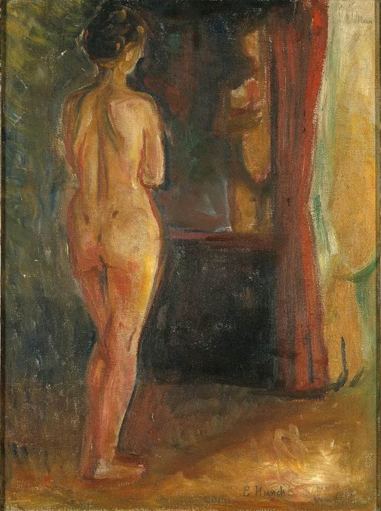 Nackte Frau im Rückenakt vor Spiegel und rotem Vorhang – Edvard Munch Akt vor dem Spiegel Kunstkopie