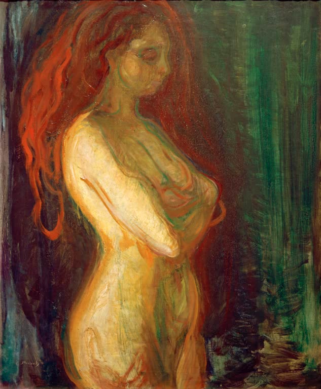 Nackte Frau mit langem roten Haar steht im Halbprofil vor dunklem Grund – Edvard Munch Aktstudie Kunstkopie