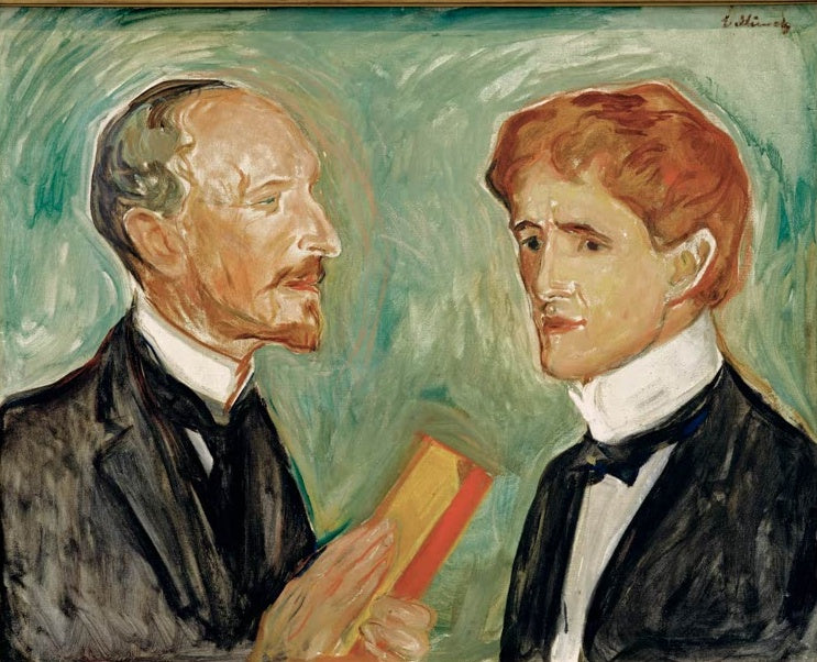 Zwei Männer in dunklen Anzügen vor Grün, einer hält ein Buch – Edvard Munch Albert Kollmann und Sten Drewsen Kunstkopie