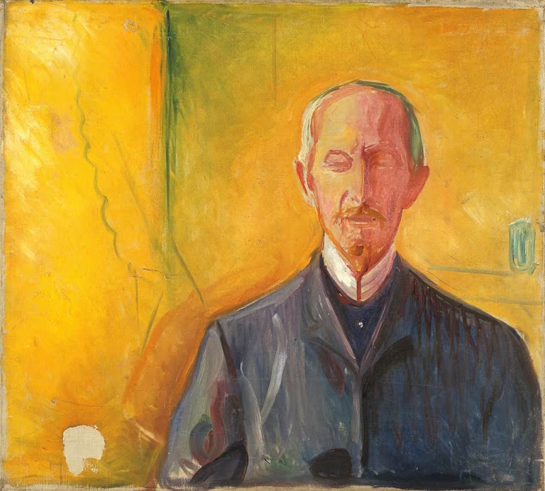 Mann mit Glatze im grauen Anzug vor leuchtend gelber Wand – Edvard Munch Albert Kollmann Kunstkopie