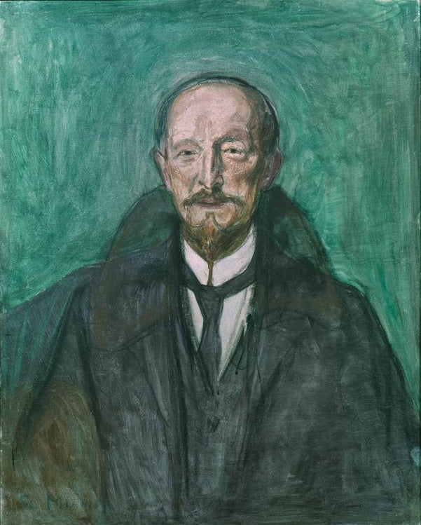 Brustbild eines älteren Mannes mit Spitzbart in dunklem Mantel vor grünem Grund – Edvard Munch Albert Kollmann Kunstkopie