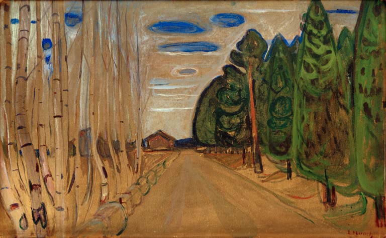 Allee zwischen Birken und Tannen mit einem Haus am Ende – Edvard Munch Allee Kunstkopie