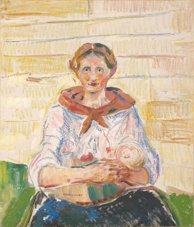 Frau mit rotem Halstuch hält ein Baby im Arm vor heller Holzwand – Edvard Munch Alma Mater: Figurenstudie Kunstkopie