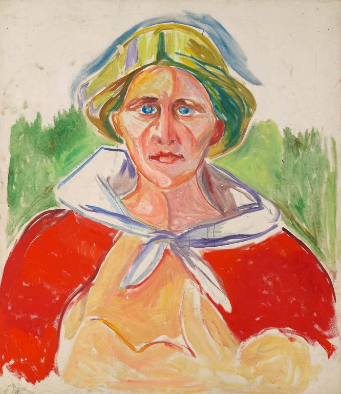 Porträt einer Frau mit gelbem Hut und rotem Umhang mit hellem Kragen – Edvard Munch Alma Mater Porträtstudie Kunstkopie