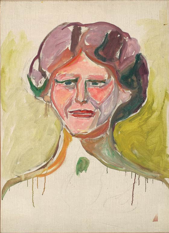 Frauenkopf mit mauvefarbenem Haar auf hellem Leinwandgrund – Edvard Munch Alma Mater Porträtstudie Kunstkopie