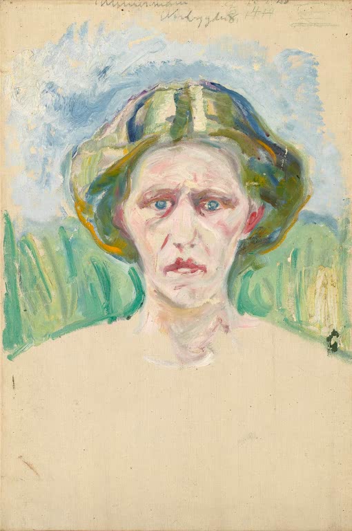 Frauenporträt mit grünem Hut vor hellblauem und grünem Grund – Edvard Munch Alma Mater Porträtstudie Kunstkopie