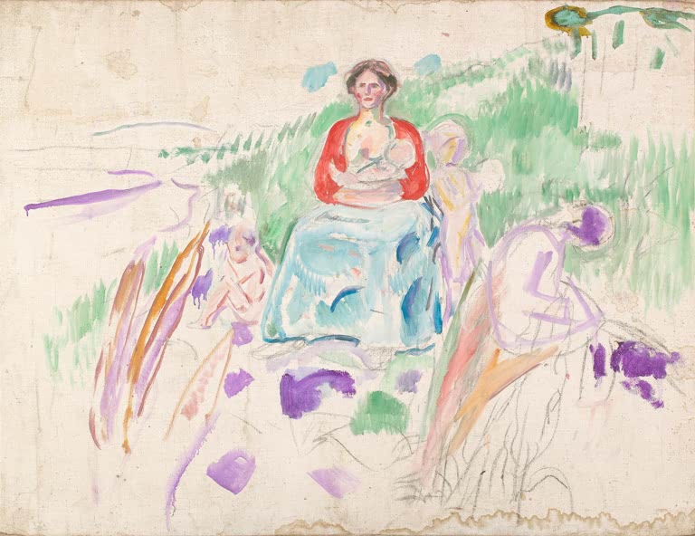 Mutter in roter Jacke stillt ihr Kind auf einer Wiese mit skizzierten Figuren – Edvard Munch Alma Mater: Studie Kunstkopie