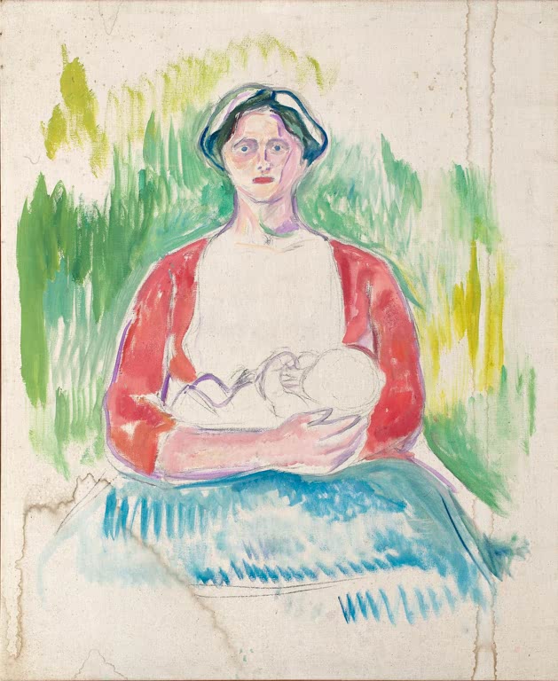 Frau mit Kind im Arm sitzt in roter Jacke auf grüner Wiese mit blauem Rock – Edvard Munch Alma Mater: Studie Kunstkopie