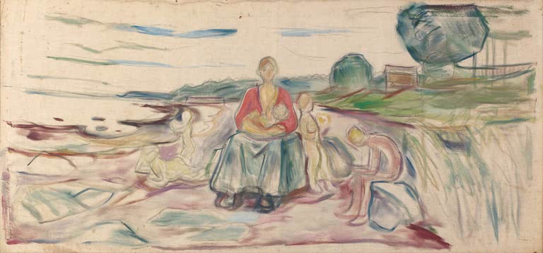 Mutter mit Kindern auf einer Wiese am Wasser, locker gemalt – Edvard Munch Alma Mater Kunstkopie