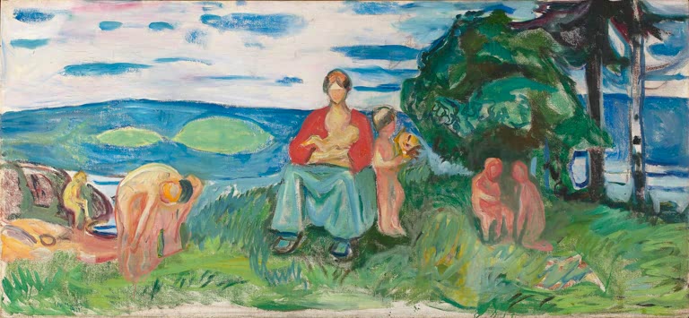 Mutter mit Kind sitzt auf der Wiese vor blauem Fjord – Edvard Munch Alma Mater Kunstkopie