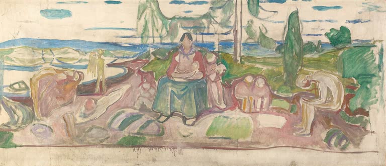 Sitzende Mutter mit Kindern in einer Küstenlandschaft mit Wasser – Edvard Munch Alma Mater Kunstkopie